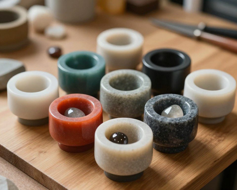 A close-up shot of a variety of high-quality rock tumblers arranged on a wooden table, showcasing different shapes and sizes. The tumblers should feature sleek, modern designs with vibrant colors and textures that highlight their functionality. In the foreground, include a couple of shiny, polished gemstones partially inside one of the tumblers to emphasize the tumbling process. The background should be softly blurred, hinting at a workshop environment with tools and raw stones. Use warm, soft lighting to create an inviting atmosphere, and a slight top-down angle to capture the tumblers' details while maintaining focus on their craftsmanship. A close-up shot of a variety of high-quality rock tumblers arranged on a wooden table, showcasing different shapes and sizes. The tumblers should feature sleek, modern designs with vibrant colors and textures that highlight their functionality. In the foreground, include a couple of shiny, polished gemstones partially inside one of the tumblers to emphasize the tumbling process. The background should be softly blurred, hinting at a workshop environment with tools and raw stones. Use warm, soft lighting to create an inviting atmosphere, and a slight top-down angle to capture the tumblers' details while maintaining focus on their craftsmanship.