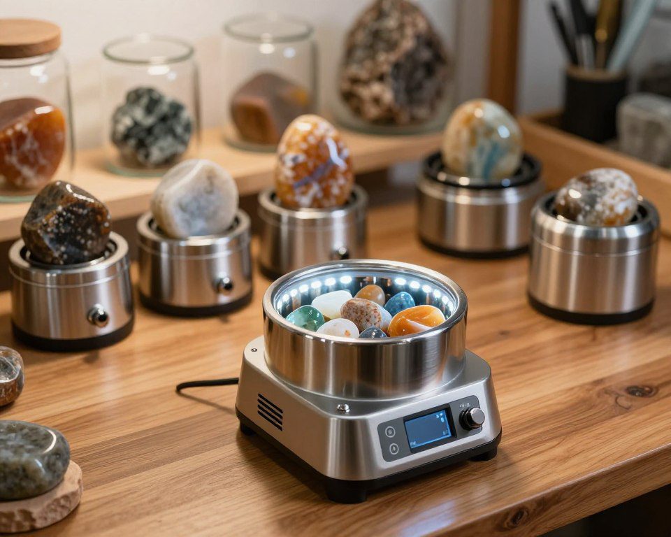 A highly detailed rock tumbler machine set on a polished wooden workbench, showcasing various polished stones in different stages of tumbling. In the foreground, a close-up of the tumbler reveals its metallic body glistening under bright LED lights, with intricate controls and a clear window displaying vibrant stones inside. In the middle ground, a collection of different-sized rock tumblers are arranged neatly, each exhibiting distinct designs and features. The background features natural rock samples displayed in elegant jars, illuminated by soft ambient lighting that casts gentle shadows, creating a warm and inviting atmosphere. The image captures the essence of craftsmanship and dedication to rock polishing, emphasizing clarity and detail for article relevance. A highly detailed rock tumbler machine set on a polished wooden workbench, showcasing various polished stones in different stages of tumbling. In the foreground, a close-up of the tumbler reveals its metallic body glistening under bright LED lights, with intricate controls and a clear window displaying vibrant stones inside. In the middle ground, a collection of different-sized rock tumblers are arranged neatly, each exhibiting distinct designs and features. The background features natural rock samples displayed in elegant jars, illuminated by soft ambient lighting that casts gentle shadows, creating a warm and inviting atmosphere. The image captures the essence of craftsmanship and dedication to rock polishing, emphasizing clarity and detail for article relevance.