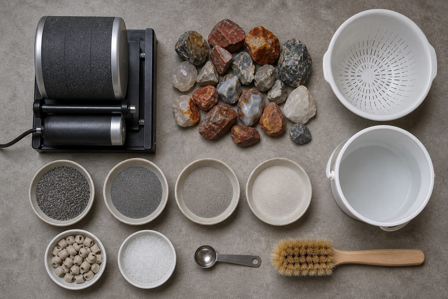 Essential rock tumbling tools including a rotary tumbler, grit, rocks, media, colander, and bucket