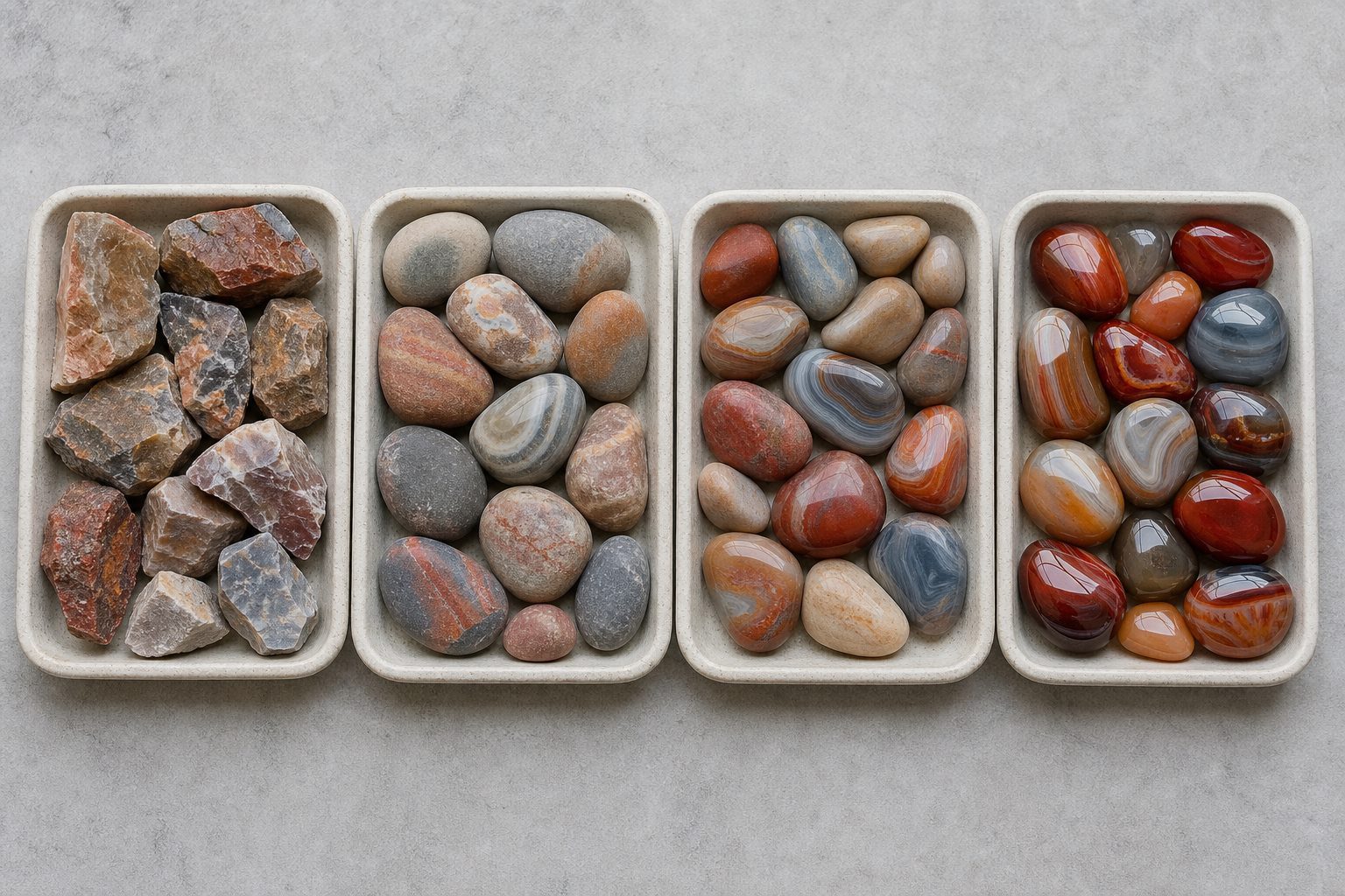 Four stages of rock tumbling from rough stones to polished agate and jasper