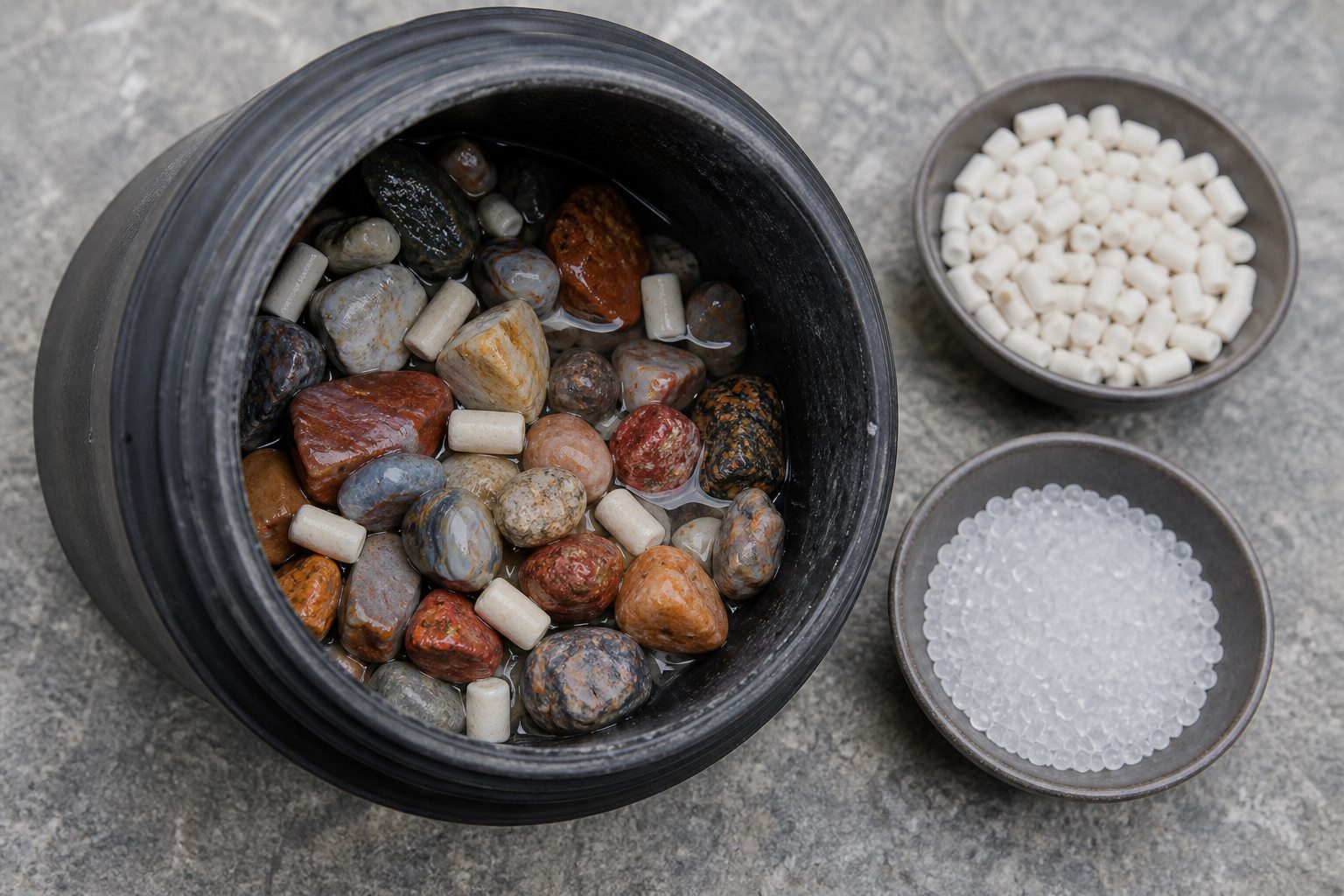 Rotary rock tumbler barrel loaded with rocks, ceramic media, and water beside plastic pellets