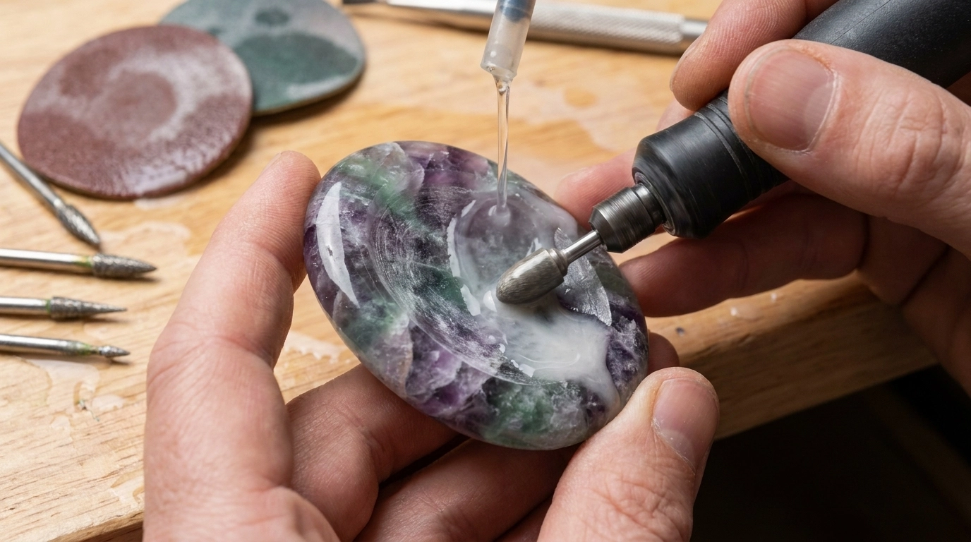 Hands holding a purple and green oval stone while a rounded rotary burr works its surface beneath a small stream of water