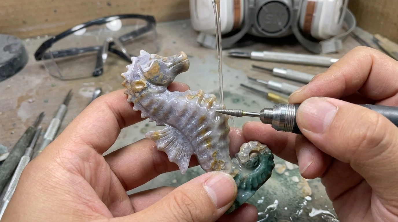A tapered rotary bur refining grooves on a stone seahorse with water at the contact point