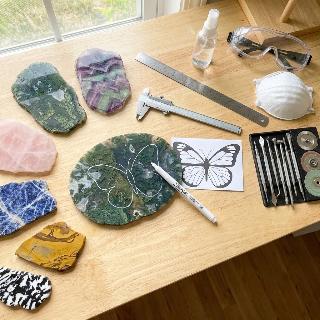 Stone slabs, a butterfly template, calipers, ruler, and carving tools arranged on a wooden workbench