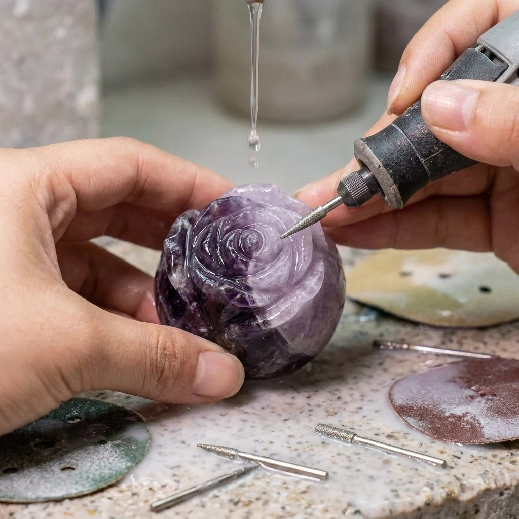 Hands holding a purple stone rose beside a pointed diamond bur, with dripping water and sanding accessories on the work surface