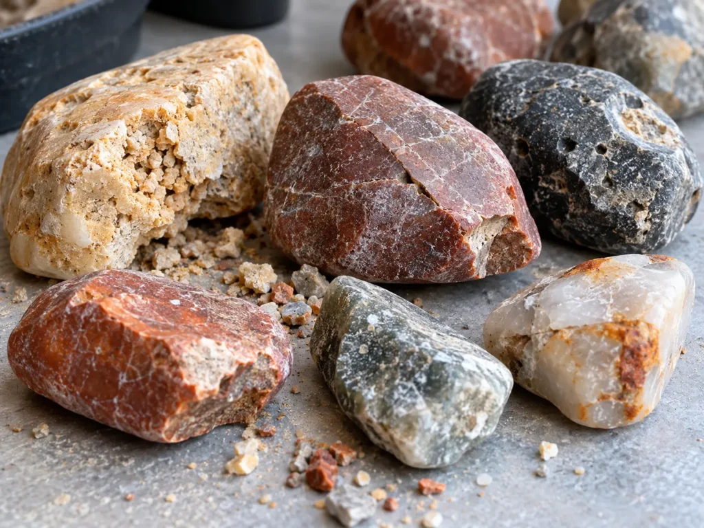 Cracked pitted and chipped Great Lakes rocks after failed tumbling