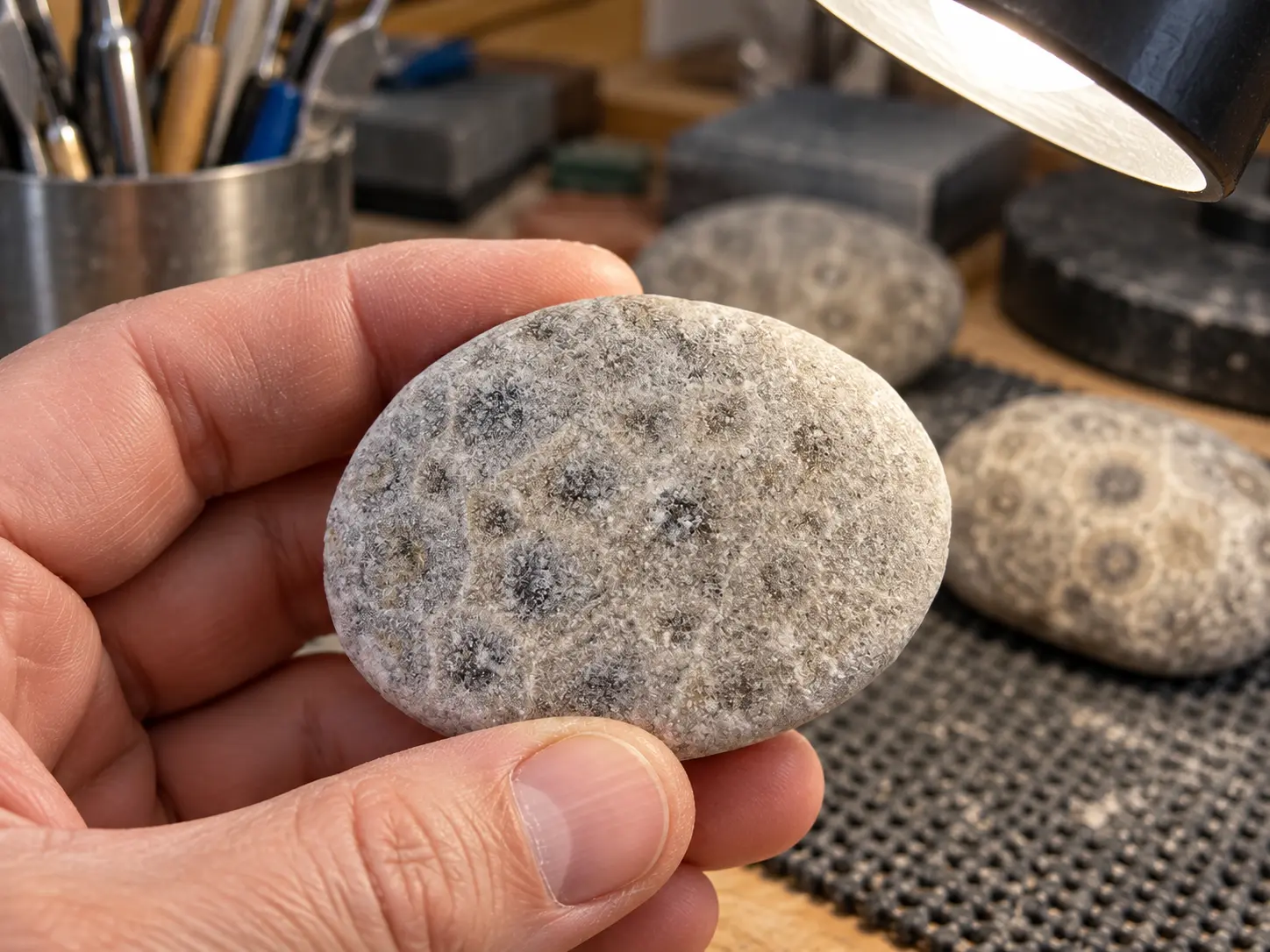 Dry unpolished Petoskey stone inspected under bright light before sanding