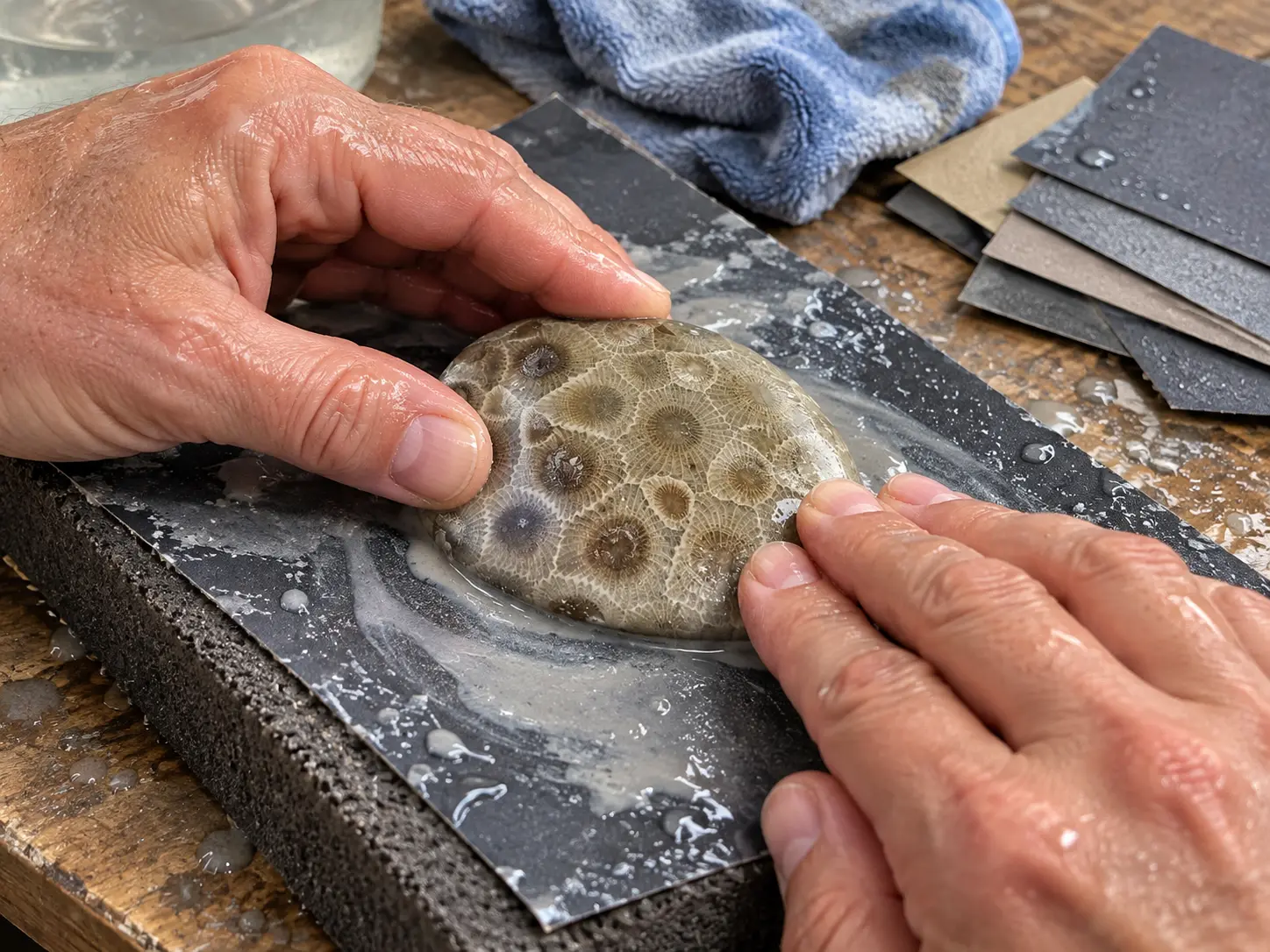 Wet sanding a Petoskey stone by hand on silicon carbide sandpaper
