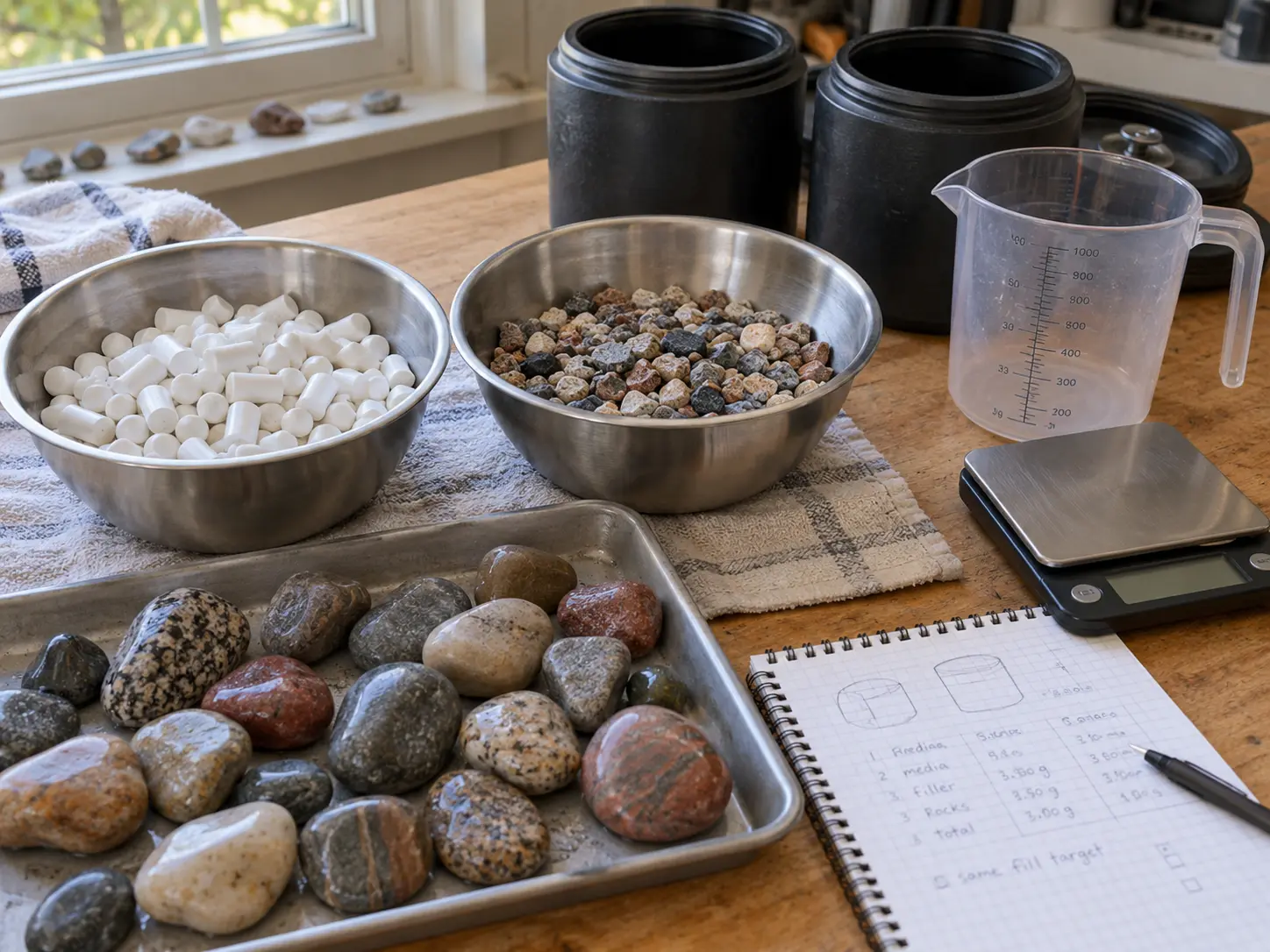 Great Lakes rocks being selected labeled and inspected before a ceramic media tumbling test