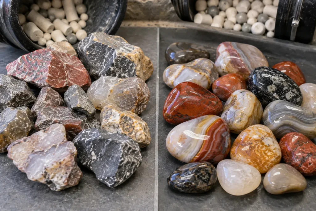 Great Lakes rock tumbling before and after rough rocks versus polished rocks