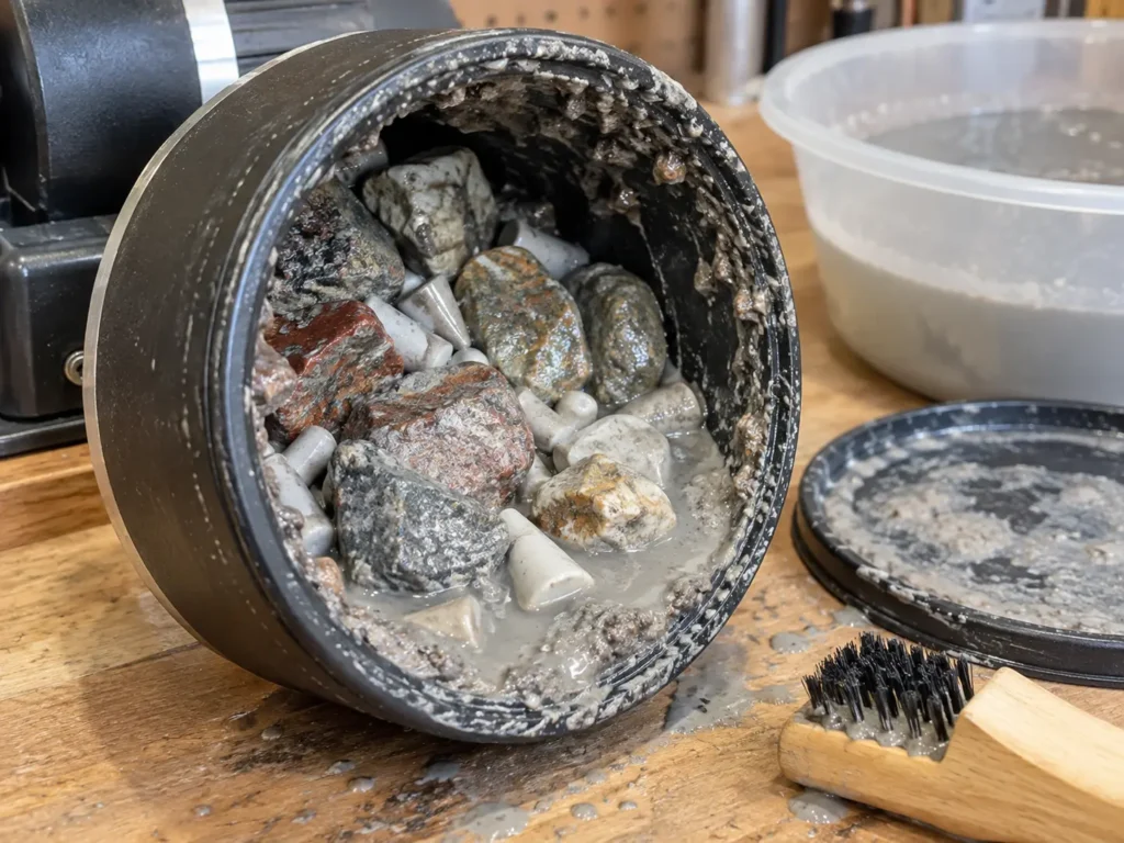 Rock tumbler barrel with Great Lakes rocks slurry and ceramic media
