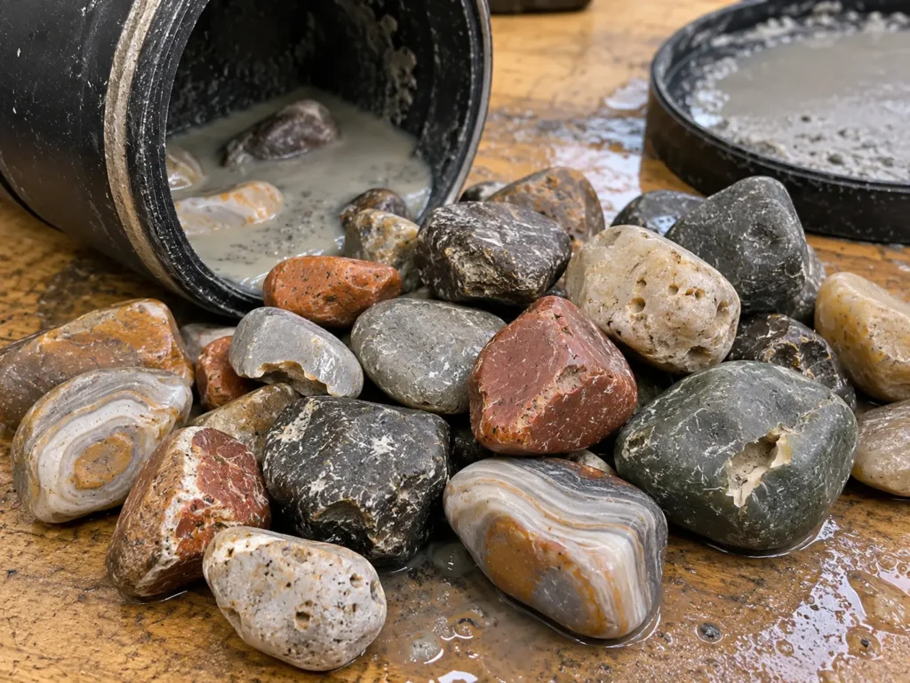 Failed Great Lakes rock tumbling batch with dull scratched and chipped stones