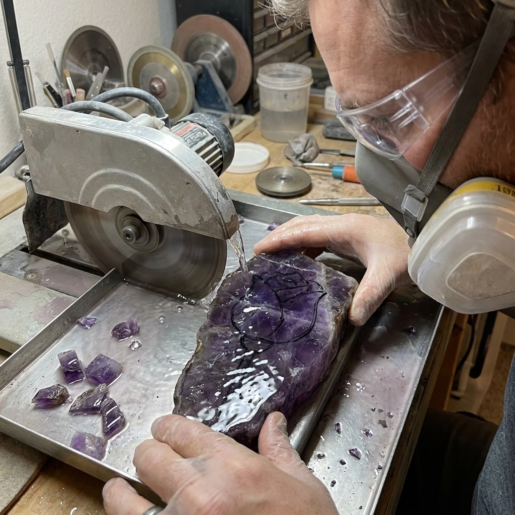 Amethyst Rose Carving. A worker wearing eye and respiratory protection holding marked purple stone beside a lapidary saw blade and wet cutting tray