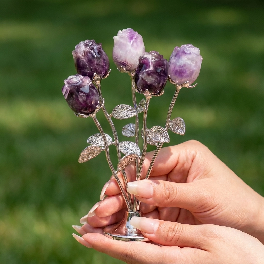 Hands supporting five purple and lavender crystal rosebuds on silver-colored stems and a small flared stand against a blurred green background