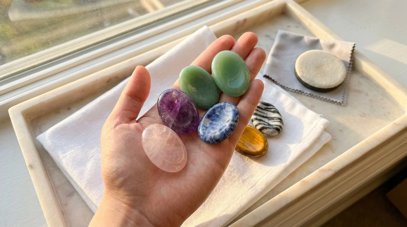 Pink, purple, blue, and green polished oval stones resting in an open palm beside more stones on a cloth-lined tray