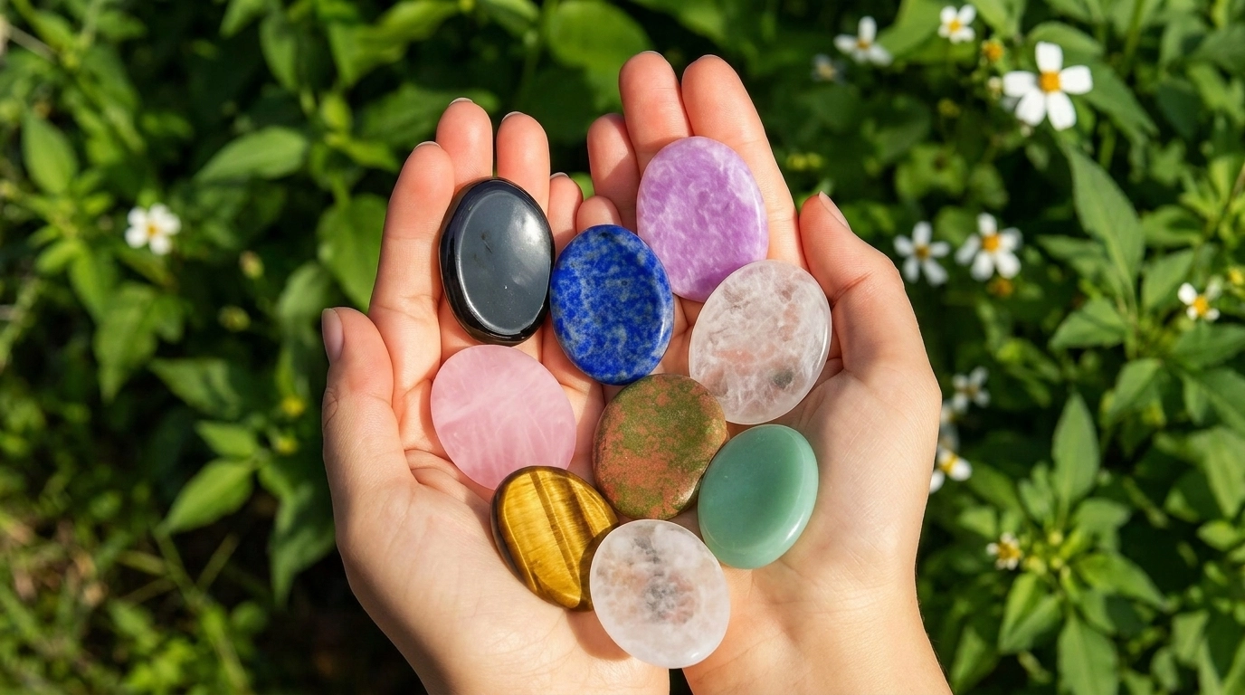 Ten polished oval worry stones in black, blue, pink, purple, clear, gold, and green, arranged on a wooden board held in two hands