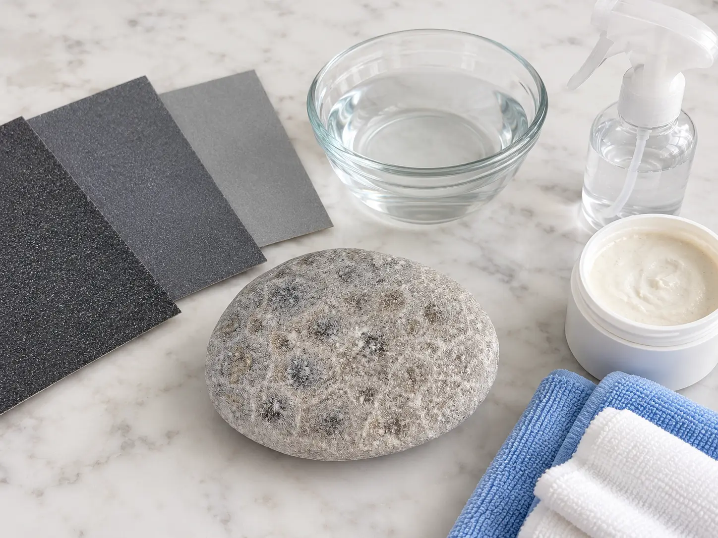 Petoskey stone polishing supplies with wet dry sandpaper water and polishing compound