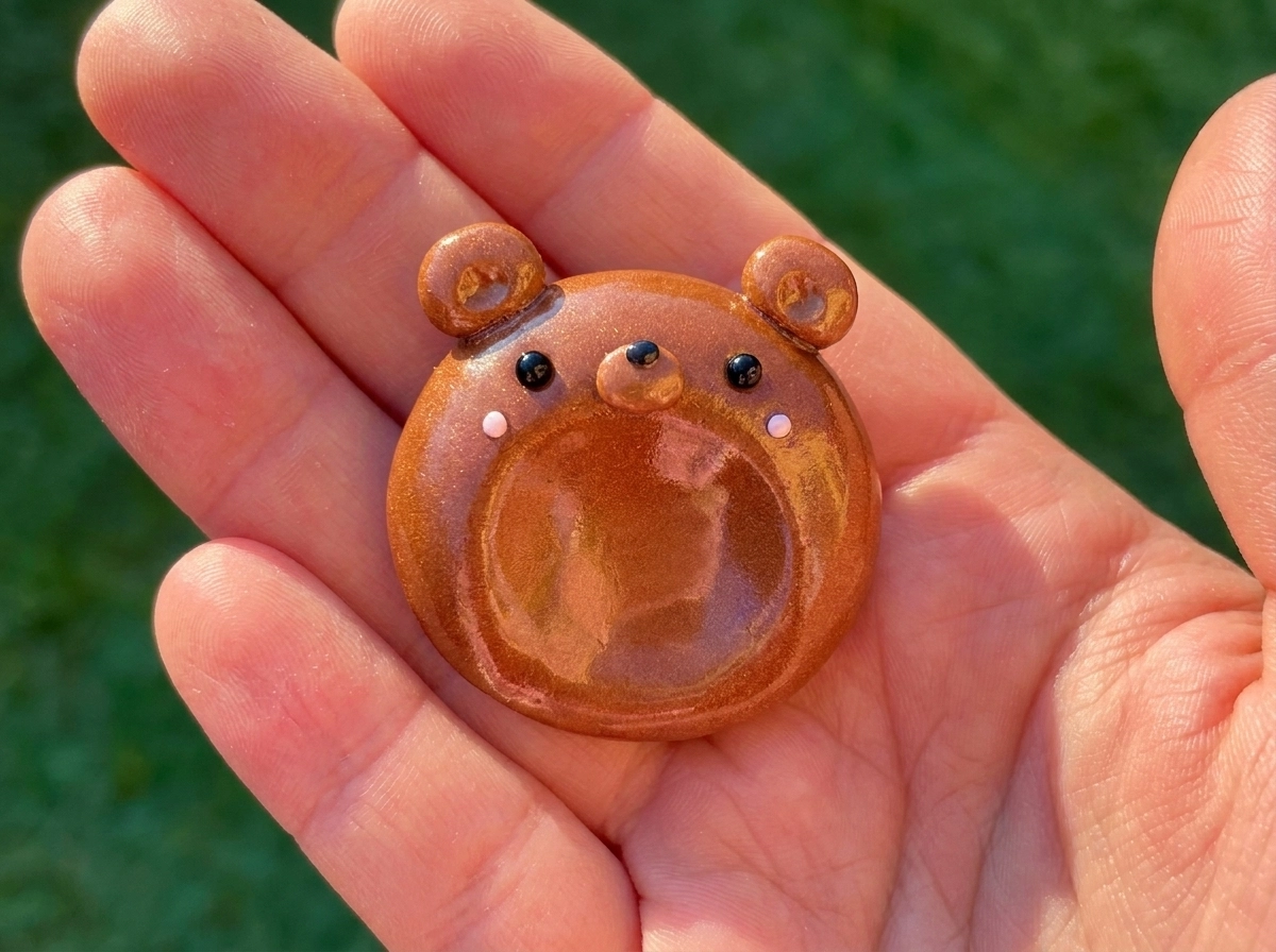 Copper-brown bear polymer clay worry stone with round ears and a smooth thumb hollow held on a palm