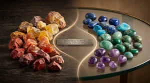 A cinematic wide shot showing the transition from rough, raw rocks to brilliantly polished gemstones, representing successful rock pairing by hardness