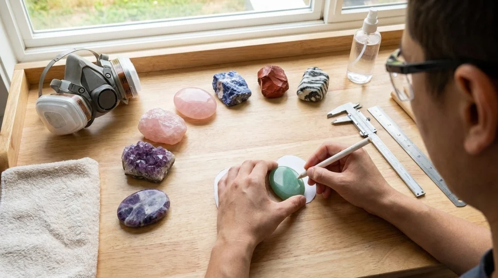 A person marking a green oval stone at a workbench beside calipers, rough stones, a cloth, and protective equipment
