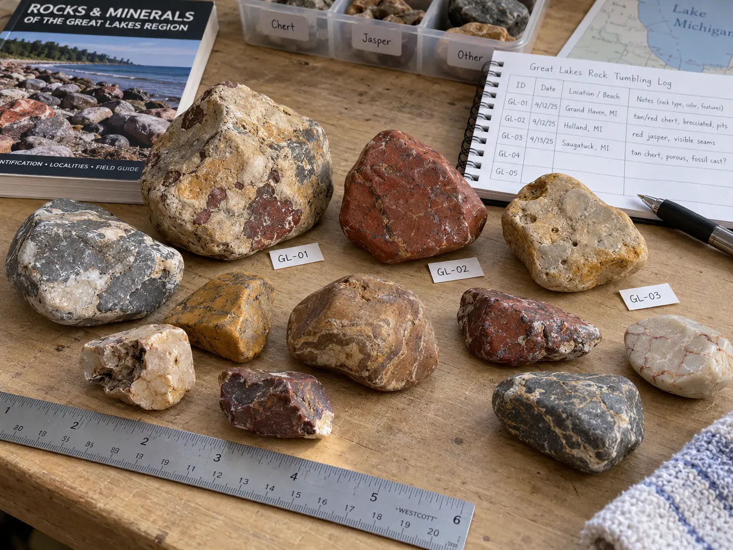 Great Lakes chert and jasper specimens being identified and documented before tumbling