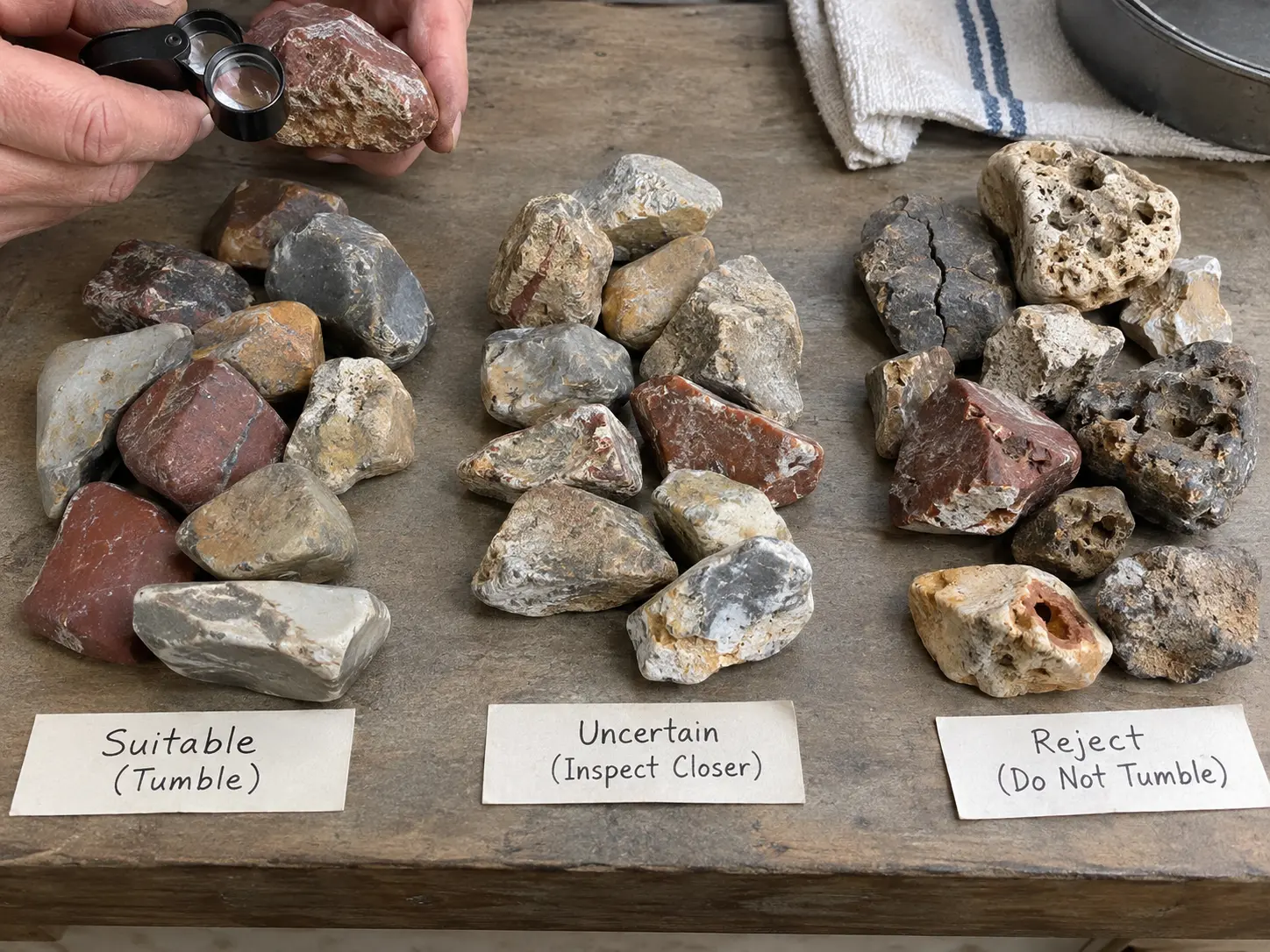 Sorting Great Lakes chert and jasper for tumbling based on fractures pits and stability