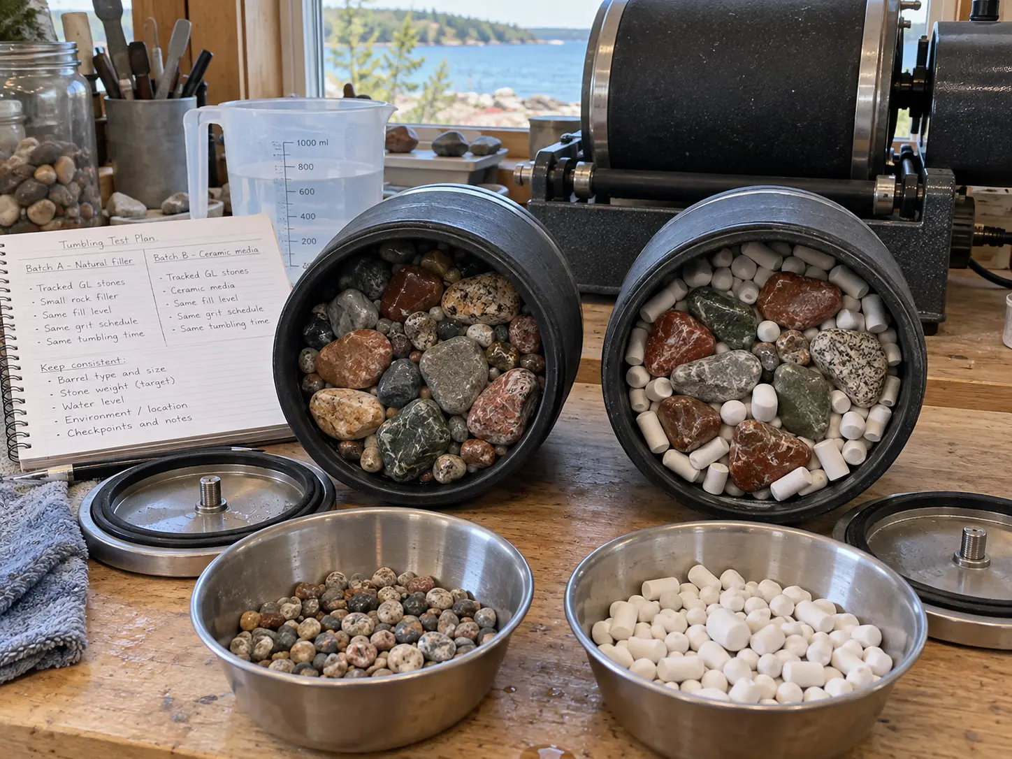 Ceramic media and small rock filler comparison in two rotary tumbler barrels