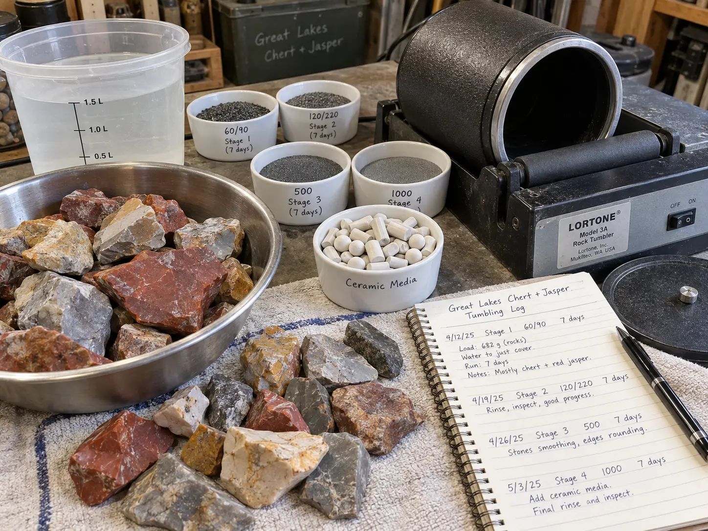 Rotary rock tumbler setup with Great Lakes chert jasper grit and ceramic media