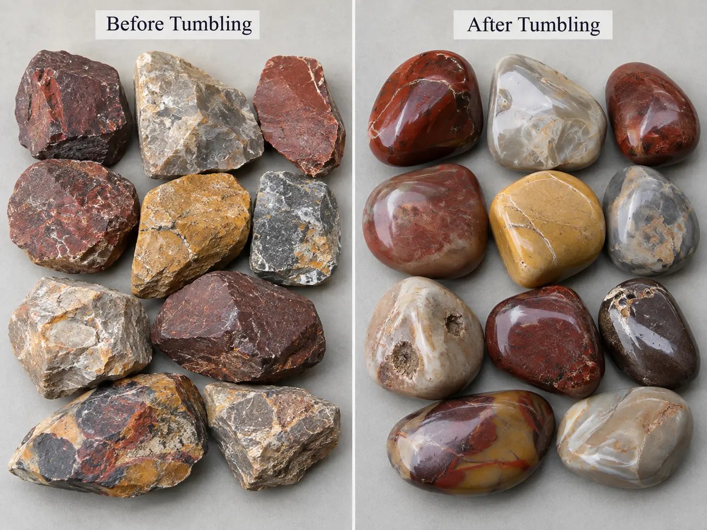 Illustrative before and after comparison of rough and polished chert and jasper