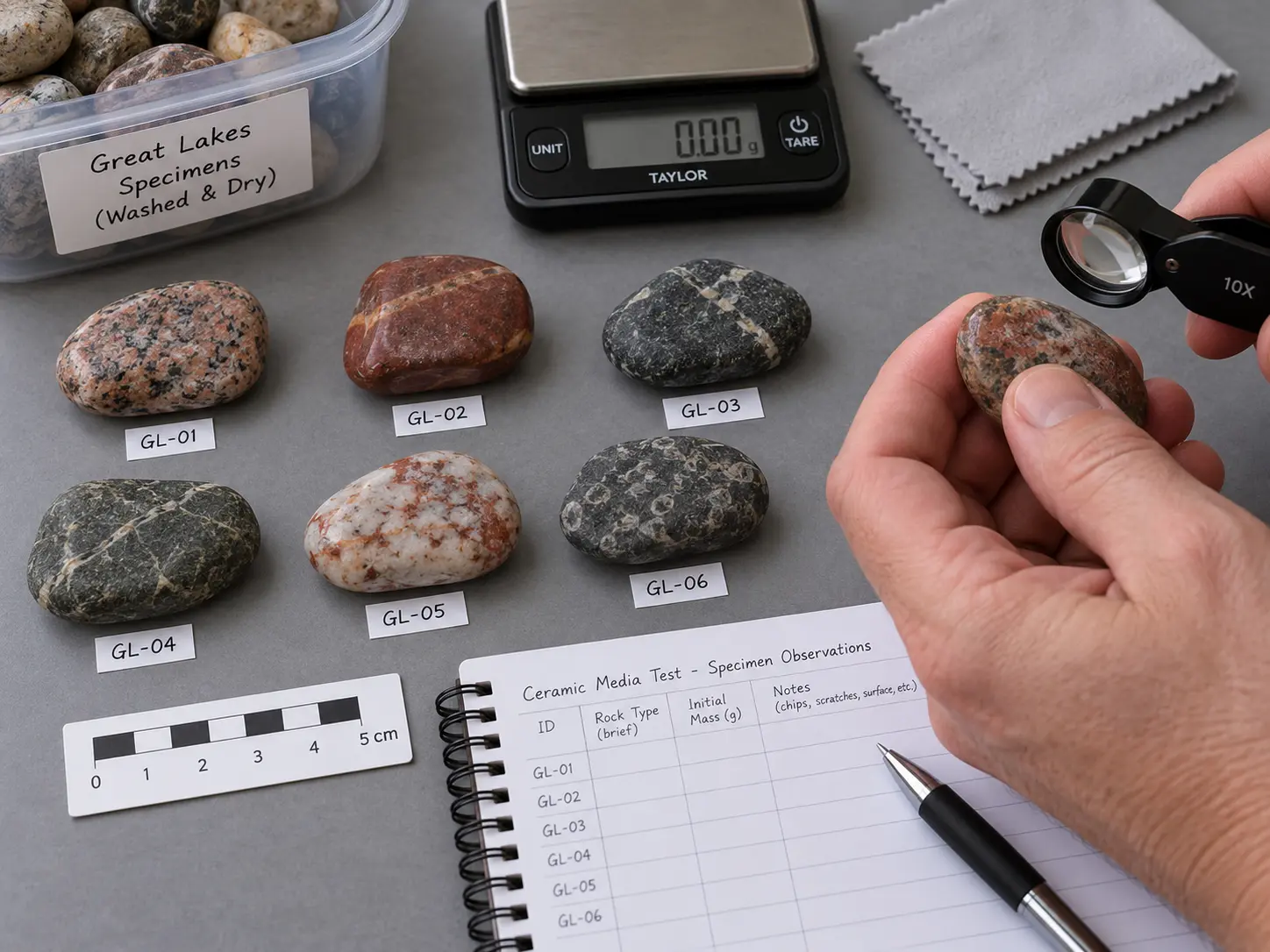 Inspecting and weighing labeled Great Lakes rock specimens during a ceramic media tumbling test