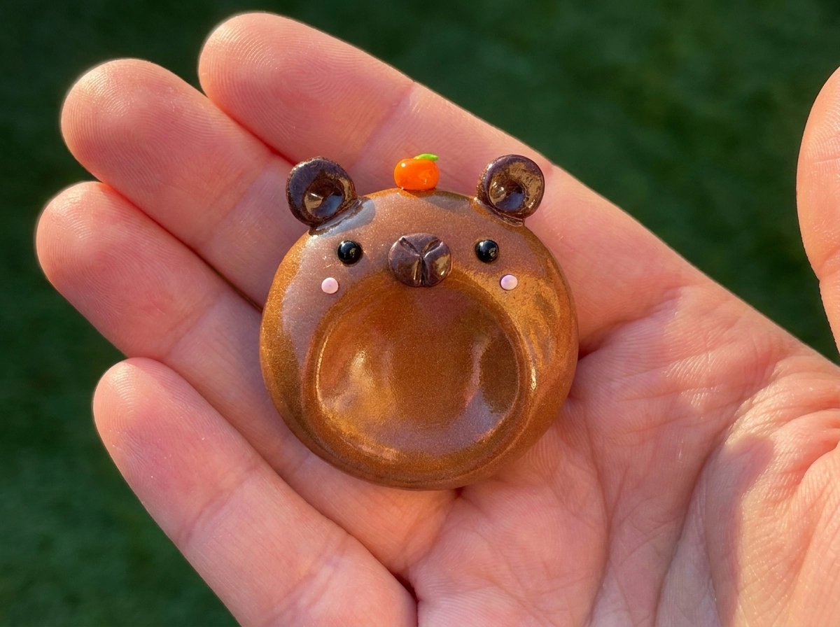 Brown capybara clay worry stone with dark round ears and a tiny orange fruit on its head, held on a palm