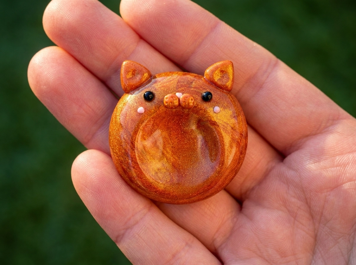 Shimmery orange cat clay worry stone with triangular ears, pink cheeks, and a thumb hollow on a palm