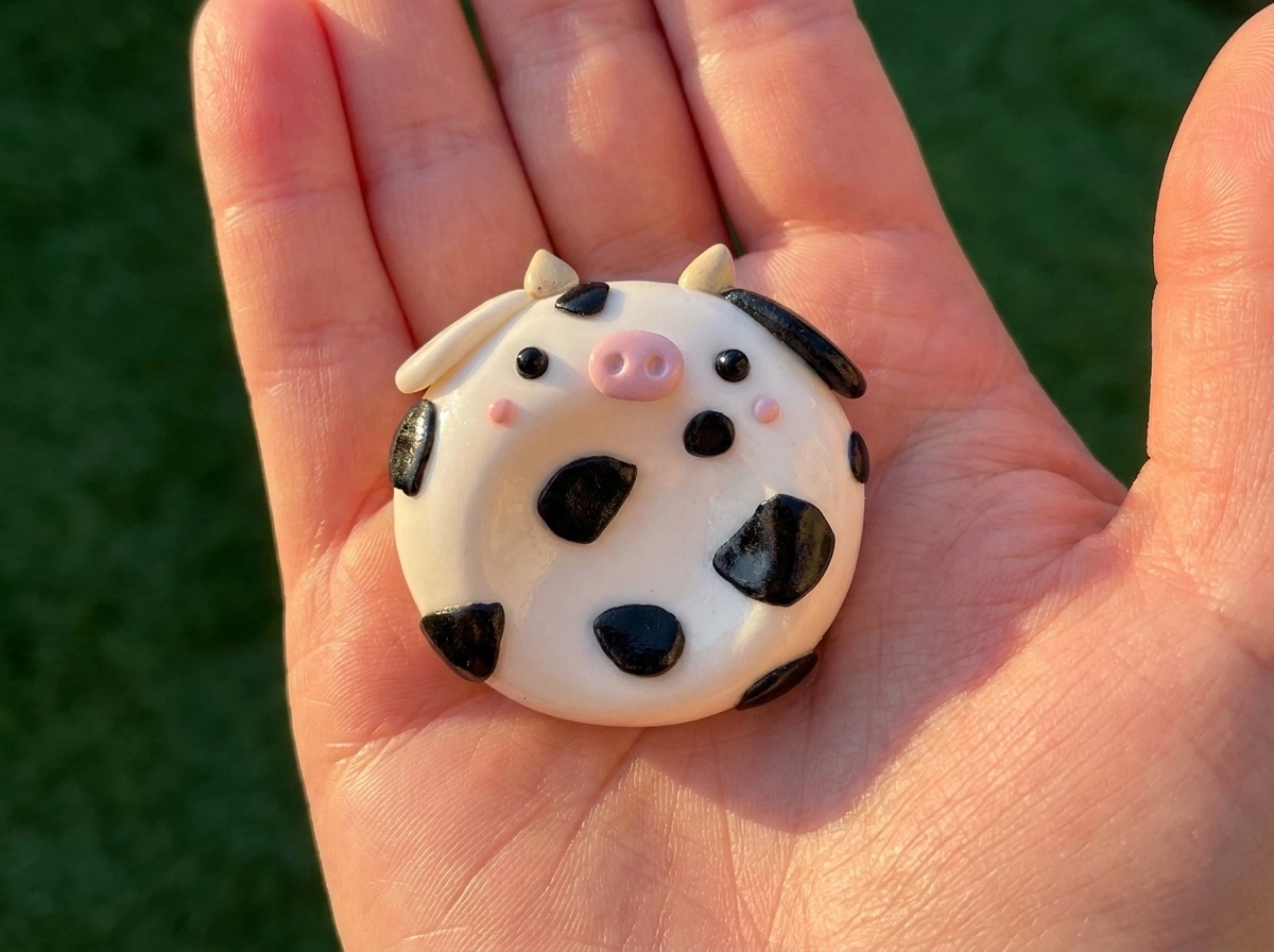 White cow polymer clay worry stone with black patches, cream horns, and a pink snout on a sunlit palm
