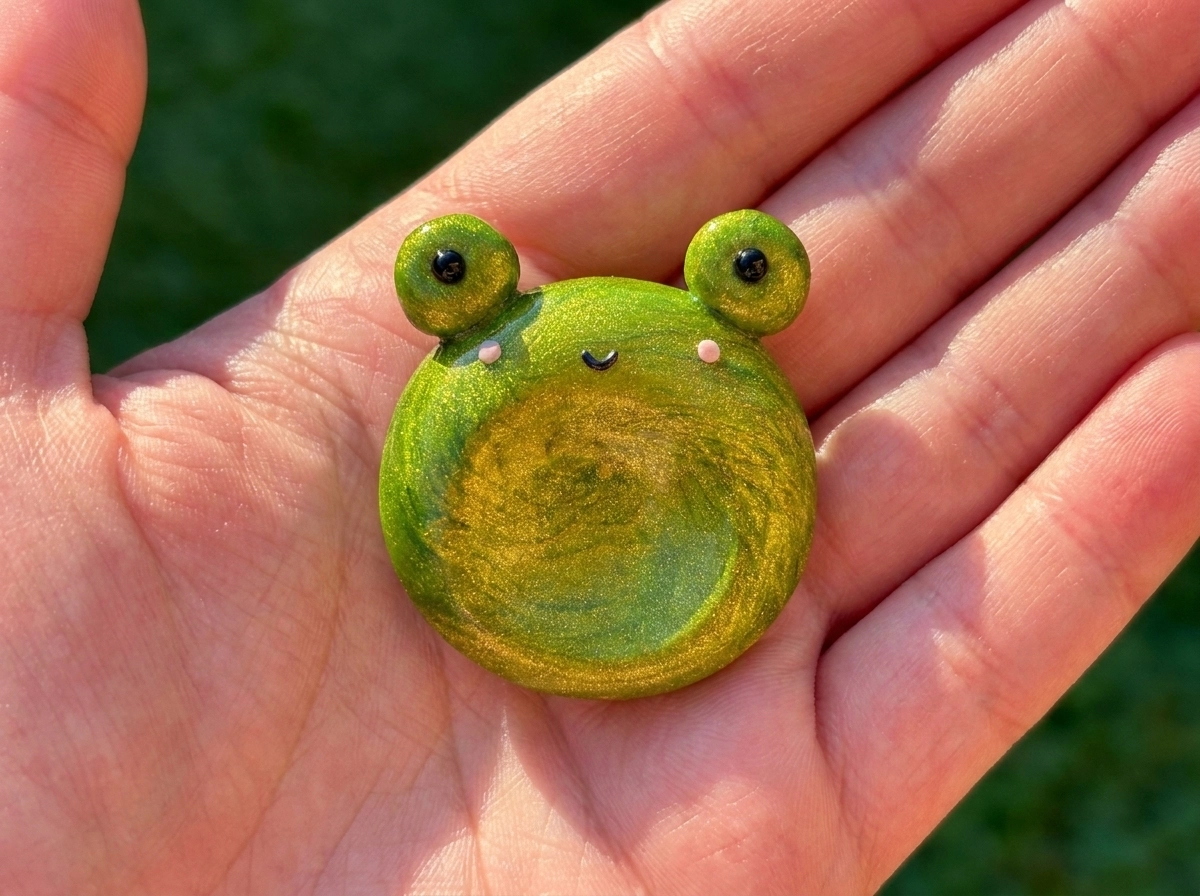 Green and gold frog clay worry stone with raised eyes, a small smile, and a thumb hollow on a sunlit palm