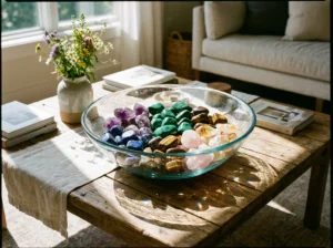 A decorative glass bowl filled with colorful polished gemstones sitting on a sunlit table, highlighting home decor ideas for tumbled rocks