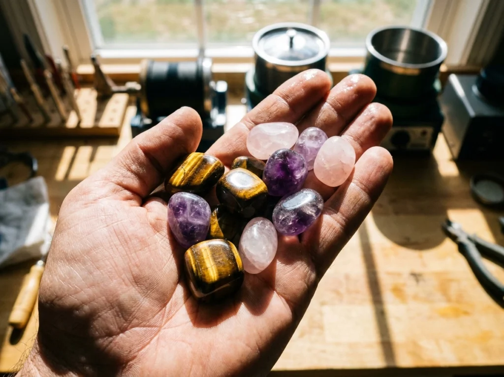 Final results of tumbled stones including tiger's eye and amethyst showing the high-gloss shine achievable with National Geographic rock tumbler instructions.