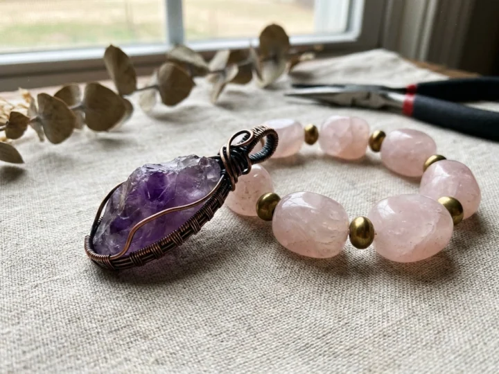 Close-up of wire-wrapped tumbled stone jewelry including an amethyst pendant and rose quartz bracelet on a natural linen background