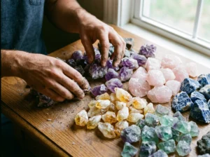 A rock tumbling enthusiast sorting various raw gemstones like Amethyst and Sodalite into groups based on their physical hardness and mineral type