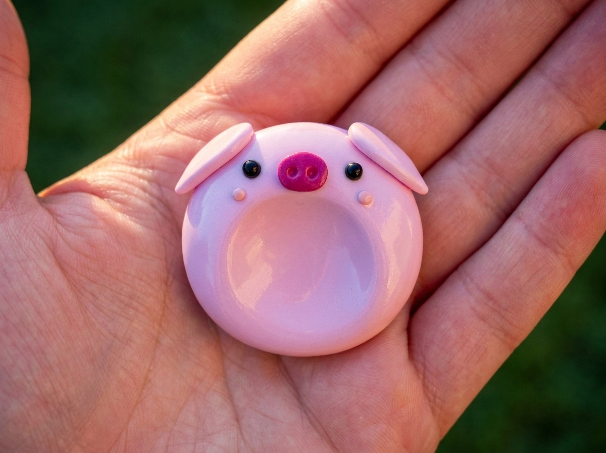 Pale pink pig clay worry stone with floppy ears, a magenta snout, and a thumb hollow resting on a palm