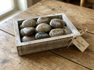 A collection of smooth tumbled rocks hand-painted with inspirational words like Peace and Hope, perfect for handmade gift ideas