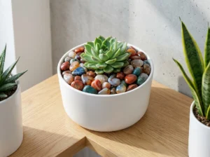 Vibrant polished gemstones used as decorative soil topper in a succulent plant pot, showcasing modern interior design with rocks