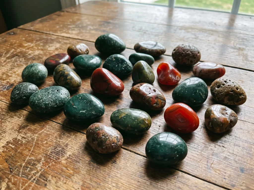 Collection of polished river rocks and gemstones showcasing high-gloss finish and vibrant natural colors after rock tumbling.