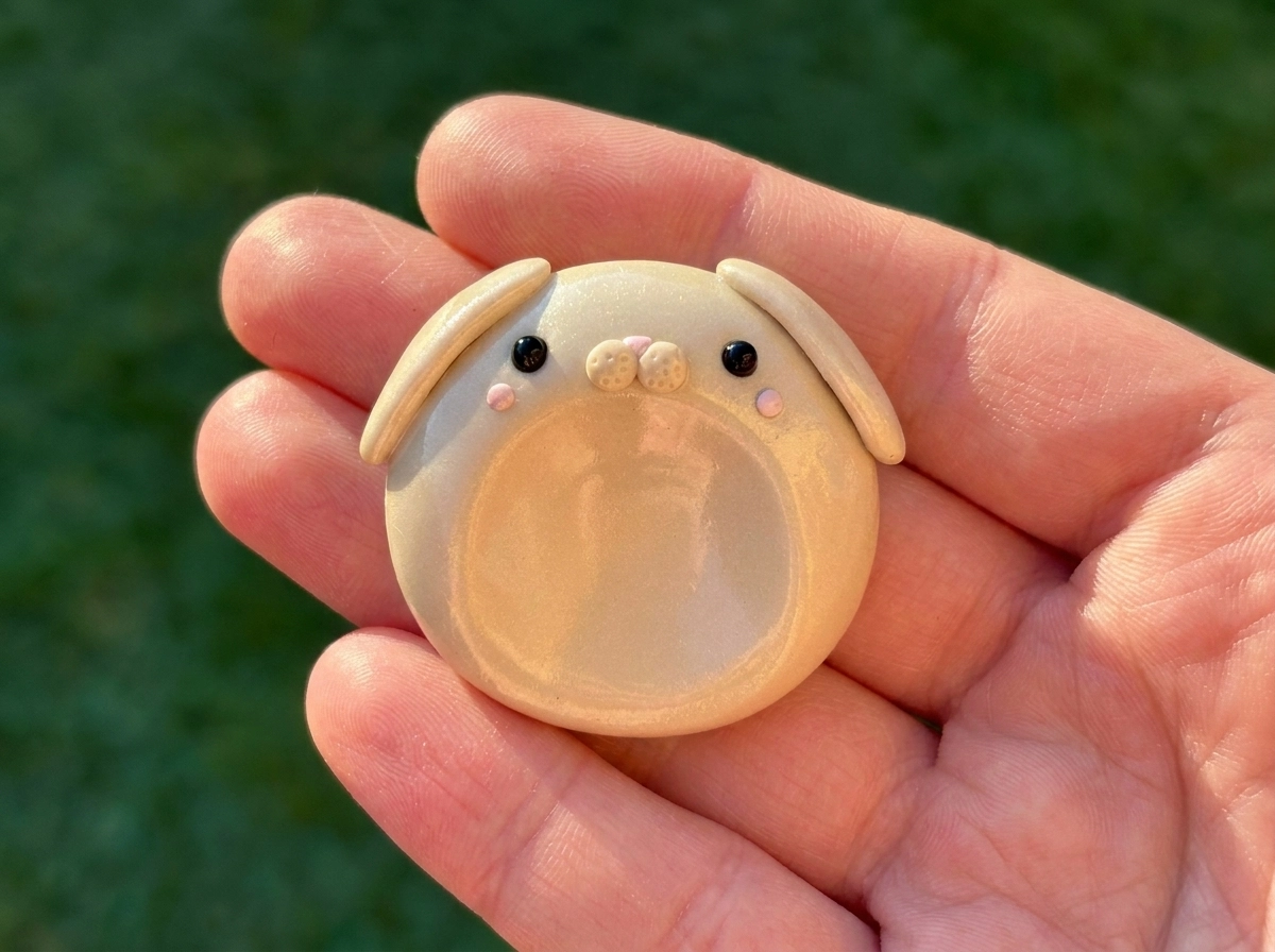 Cream bunny polymer clay worry stone with floppy ears and a thumb hollow resting on a sunlit palm