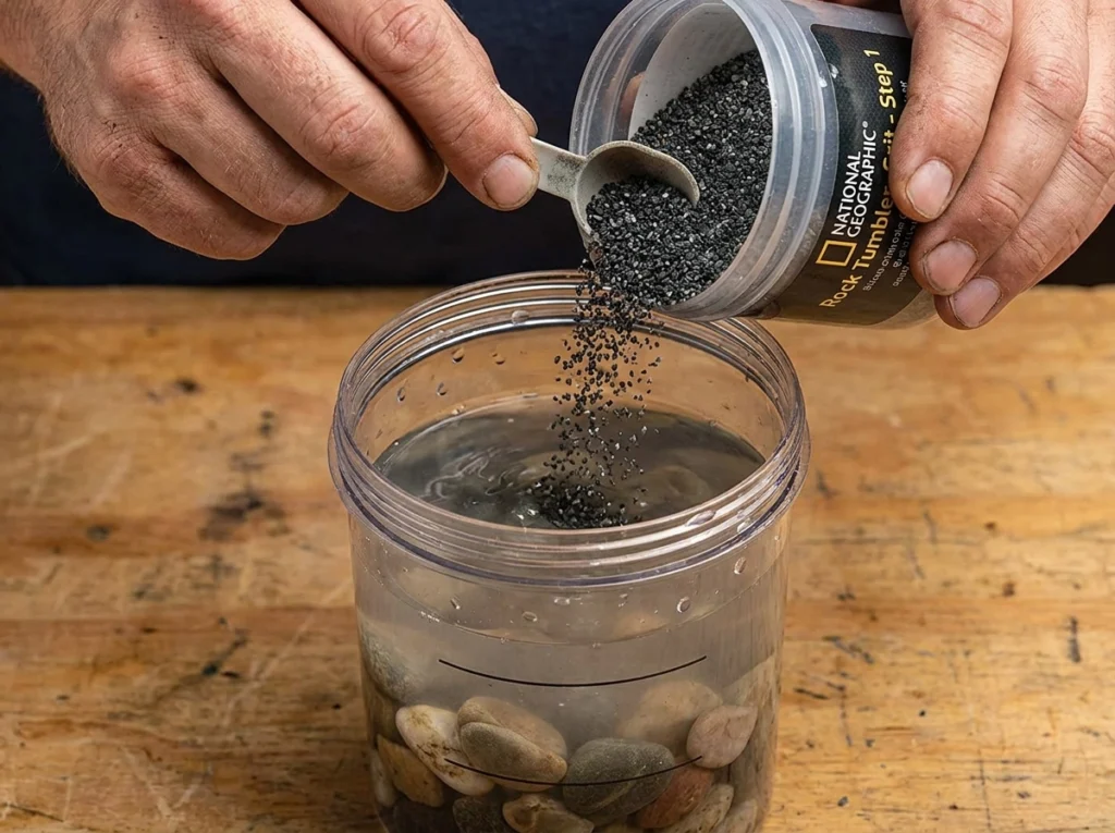Close-up of adding silicon carbide rock tumbling grit and water to a National Geographic tumbler barrel to start the first stage of the tumbling process.