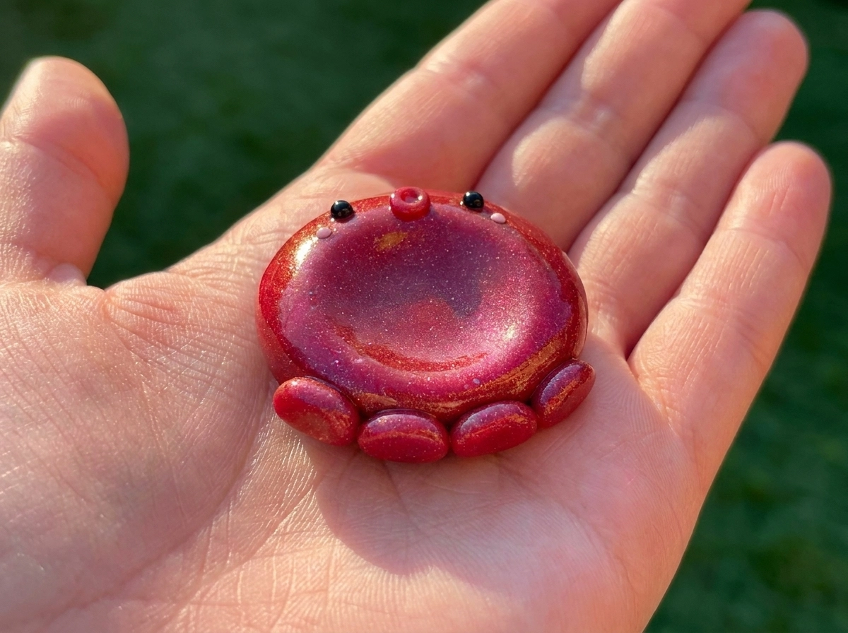 Red and magenta octopus clay worry stone with four short tentacle pads and a thumb hollow on an open palm