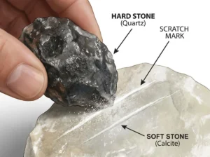 Demonstration of a scratch test between two rocks to determine relative hardness on the Mohs scale before starting the tumbling cycle.