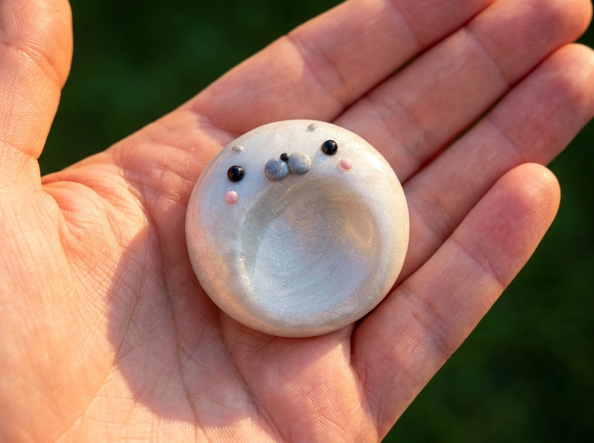 Pearl-white seal polymer clay worry stone with gray muzzle pads and a shallow thumb hollow on a palm