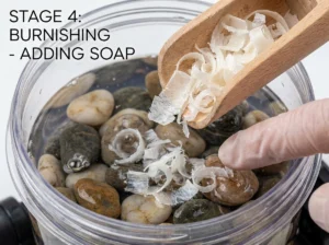 Adding ivory soap shavings to a clean rock tumbler barrel for the burnishing stage to remove hazy film and enhance gemstone shine