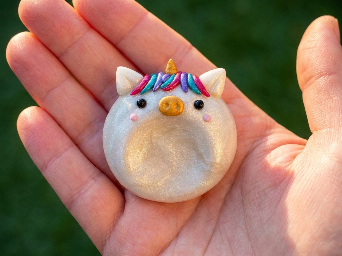 Pearl-white unicorn clay worry stone with a gold horn and a colorful mane resting on a sunlit palm
