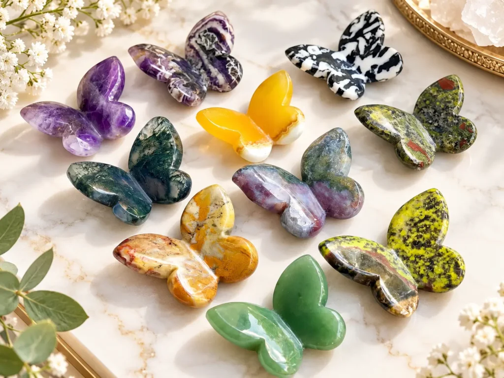 Colorful polished crystal butterfly carvings resting on a palm against a blurred green background